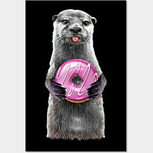 Otter Holding Doughnut, cute otter with pink donut Posters and Art